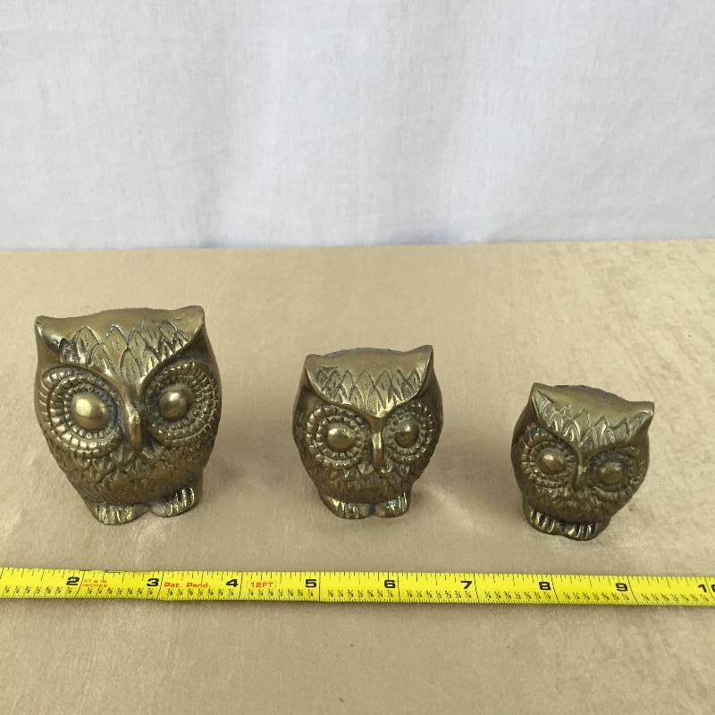 Vintage Leonard Solid Brass Set of 3 Owl Figures