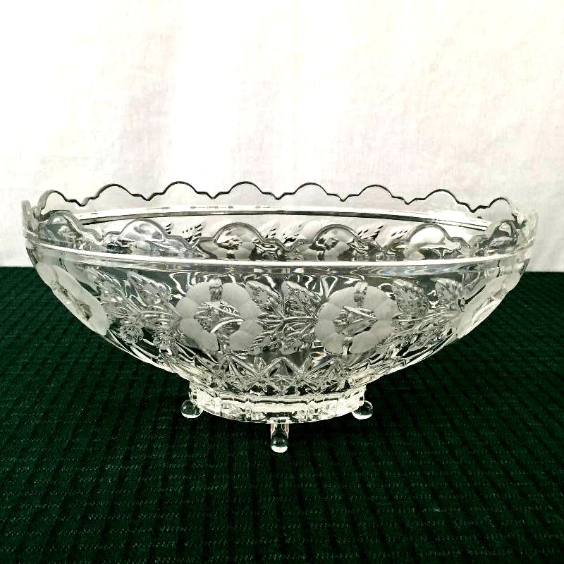 Unusual Vintage Heavy Cut Crystal Glass Footed Oval Etched Fruit