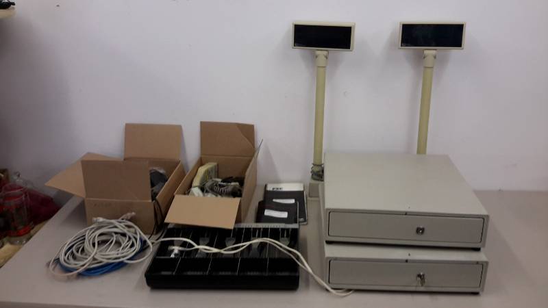 lot 97 image: P.O.S. cash drawers, pole displays, power supplies, bar code scanners, and cablingcords