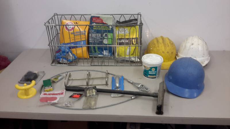 lot 103 image: Hardware, basket, vac bags, safety helmets