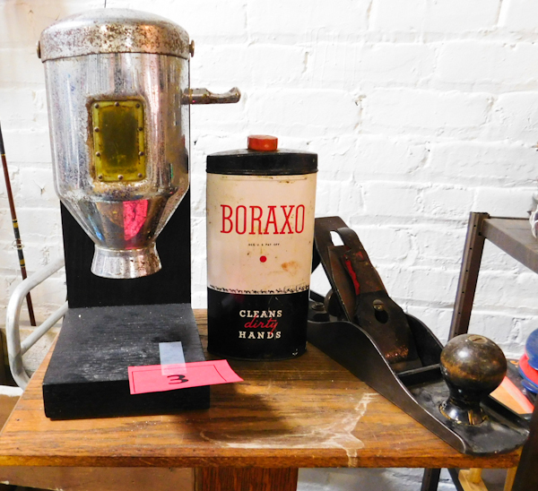 Vintage hand soap dispenser Vintage hand plane and Borax can