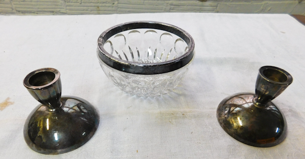 silverplate candle holders and silver plate rimmed bowl