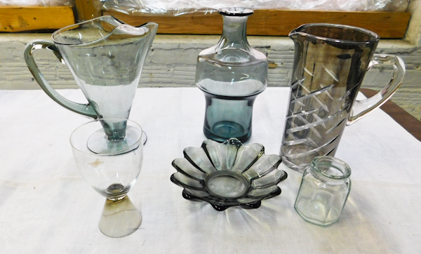 Very nice heavy glass pitcher vases and serving plate