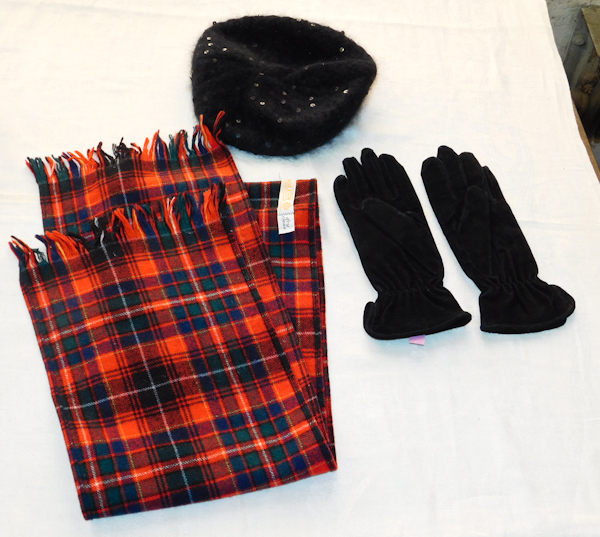 Ladies Pendleton red tartan plaid scarf and black gloves and black hat
