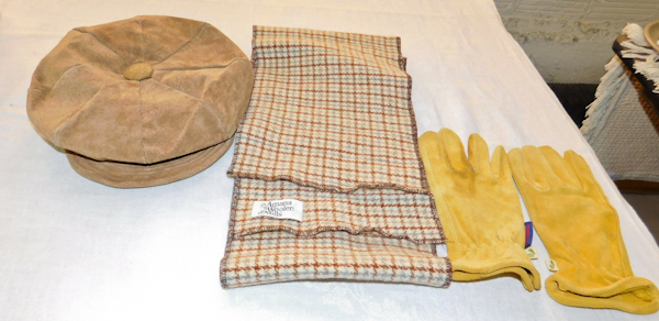 Amana Woolen Mills light brown plaid scarf gloves and a hat