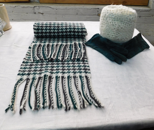 green and white scarf gloves and hat set