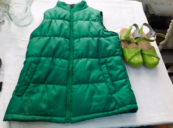 Merona vest and pair of Vollsjo green clogs