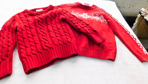 Cable Knit Old Navy red sweater and Hanna Andersson red sweater