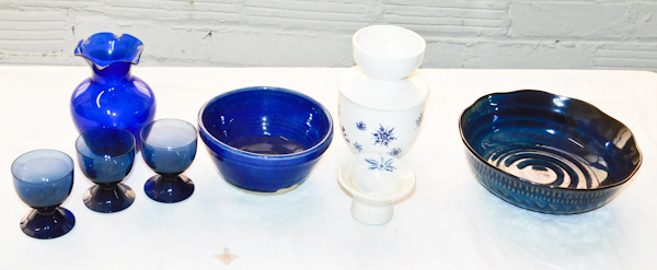 blue and white ceramic type pottery pieces vases bowl and more