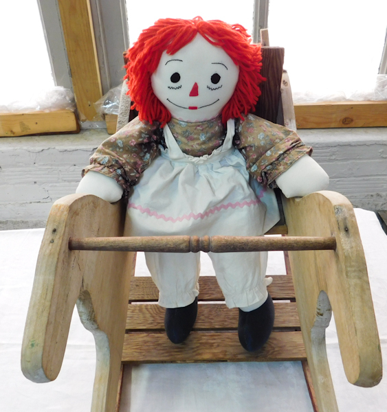 vintage victorian stand sit rocking horse with raggedy ann doll