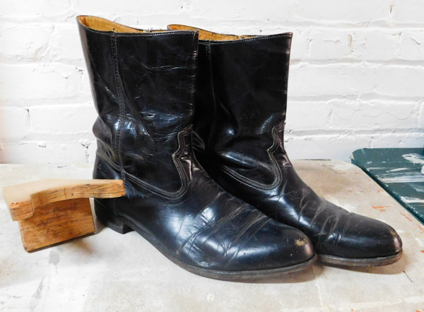 black boots Sz 14 D with wooden boot jack