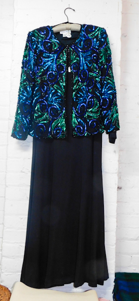 Herman Geist square neck black dress with Laurence Kazar beaded jacket