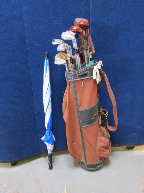 Golf Clubs, Bag and Umbrella