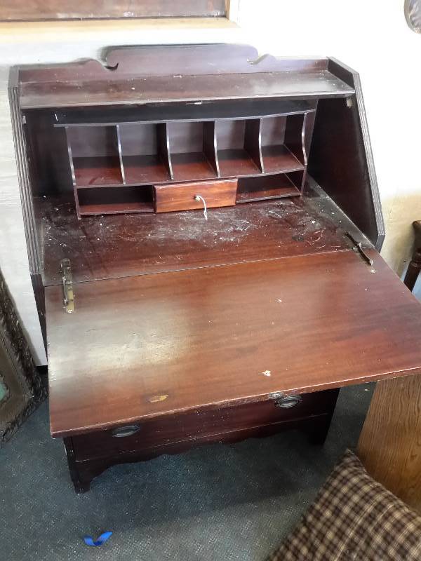 lot 13 image: Antique Secretary, looks like walnut wood.  31in x 16in x 42in
