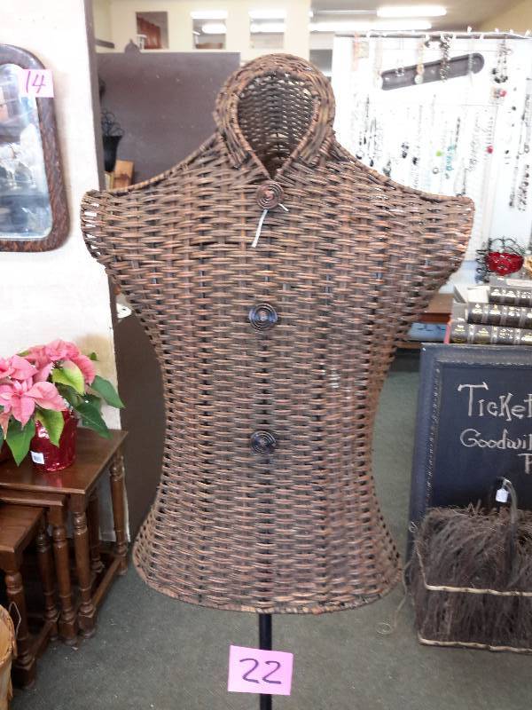 lot 22 image: Wicker Mannequin, wicker body, Metal post.  63in h.