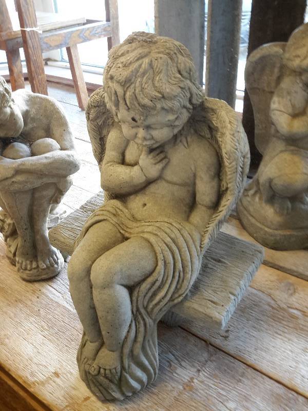 lot 24 image: 5 Cement Angels, 13 - 16in in height.  2 very old wood crates.. 15 x 18 in.