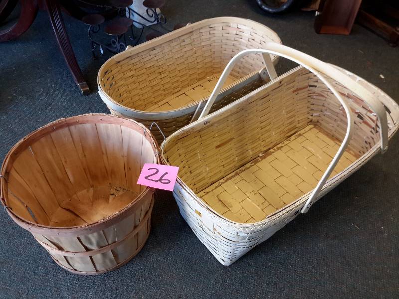 lot 26 image: 3 Woven Wood baskets. 2, 3031 x 16in, 1, 16in diameter.. All nice shape.