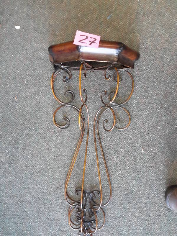 lot 27 image: Wood and heavy brassbronze decorative base Wall shelfsconce.  Shelf approx. 12in w total height 30 in
