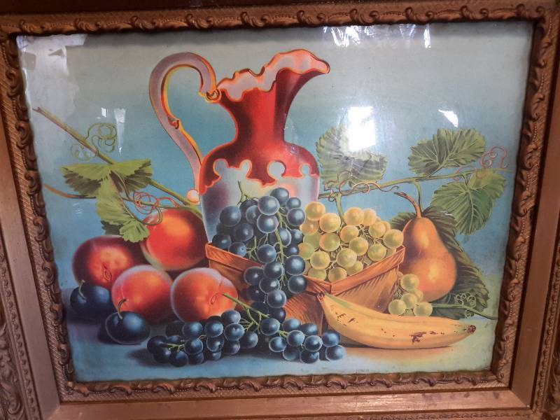 lot 32 image: Very old Fruit Theme picture with Baroque wood carved type frame.