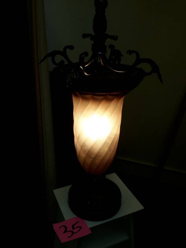 lot 35 image: Beautiful Urn Type of Lamp.. Tarnished Brass Frame with Frosted glass globe.. Works as shown.  25in tall
