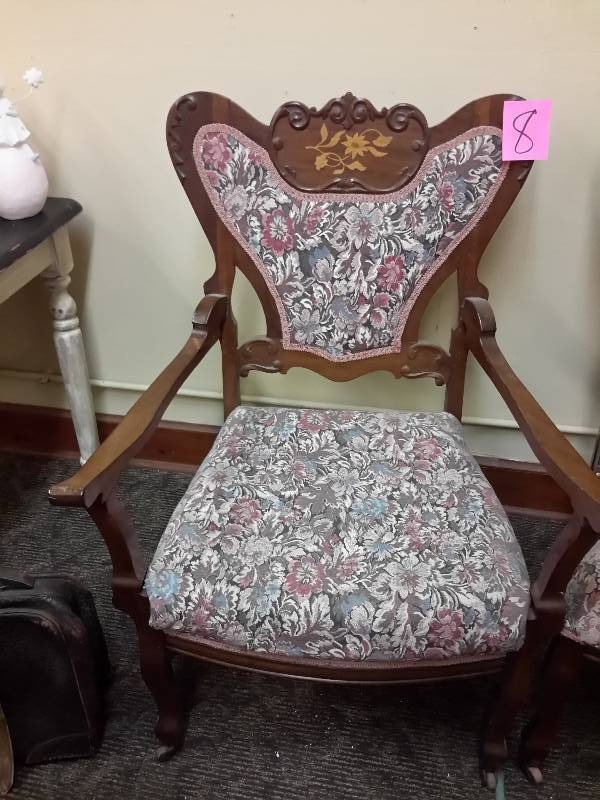 lot 8 image: He and She Victorian Chairs.. Nice shape and solid. On wheels.