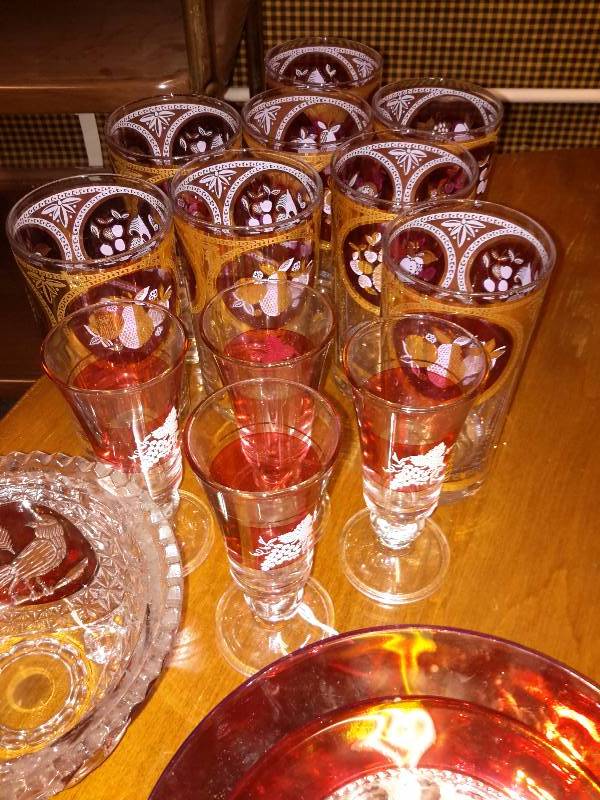 lot 57 image: Clear and Cranberry Colored glassware.. See pictures Bring your own packaging material
