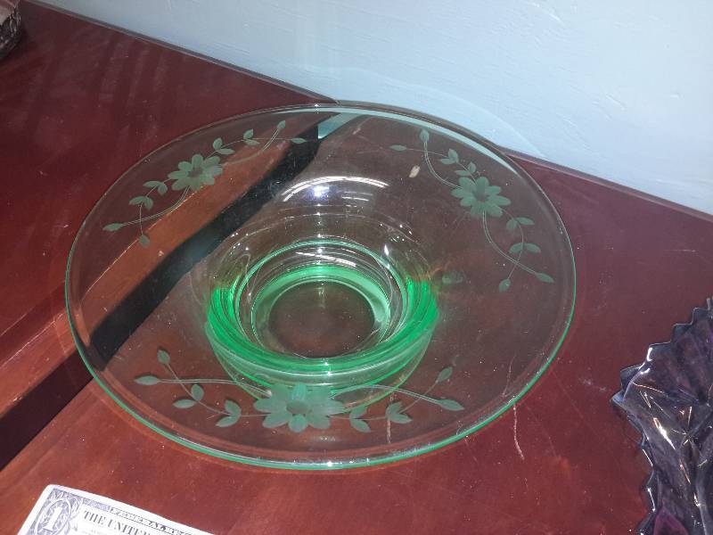 lot 59 image: Carnival Glass bowl, Depression glass pedestal platter with frosted design, pink depression glass cream and sugar.. Bring your own packaging material