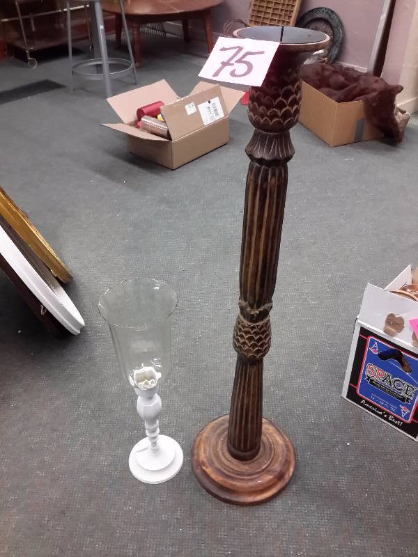 lot 75 image: 2, candle stands as pictured.. 1, with Hurricane shade.. Tall one is wood.