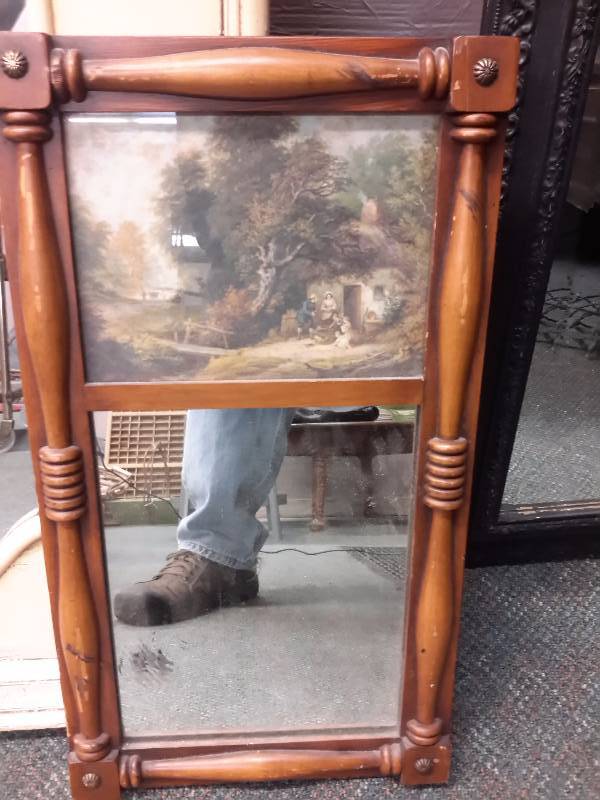 lot 92 image: Old Fashion Wood Mirror with Crown. 27 12in x 42 in h.. Small wood frame mirror with picture in top 13, 10in x 19 in h