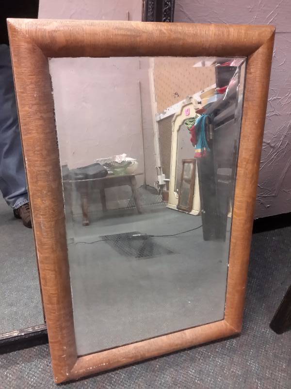 lot 91 image: 2 Larger Mirrors.. Both Beveled Glass.  Black 28in x 41in Wood 20in x 30 in.