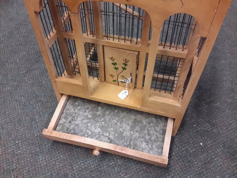 lot 79 image: Nice Wood and metal Bird Cage.  13in x 10 in x 22in h