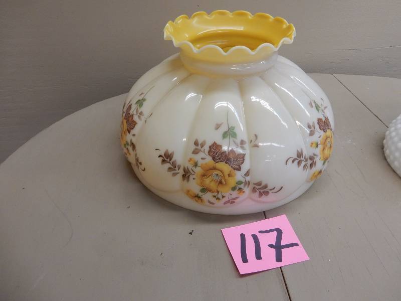 lot 117 image: Lantern Style Hanging Lamp with Floral Design Glass shade...