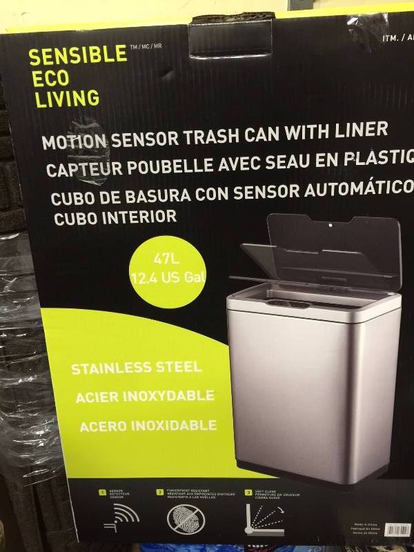lot 16 image: Sensible Eco Living Stainless Steel 47L 12.4 Gallon Motion Sensor Trash Can New