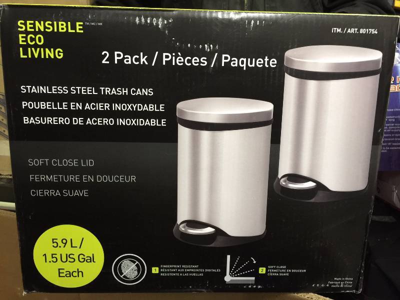 lot 17 image: Sensible Eco Living 1.56 gal 2Pack Stainless Steel Trash Cans w Soft Close Lids New