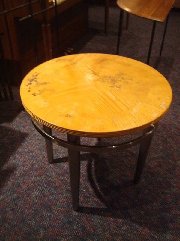 WoodMetal Round End Table. Has Wear, Marks...