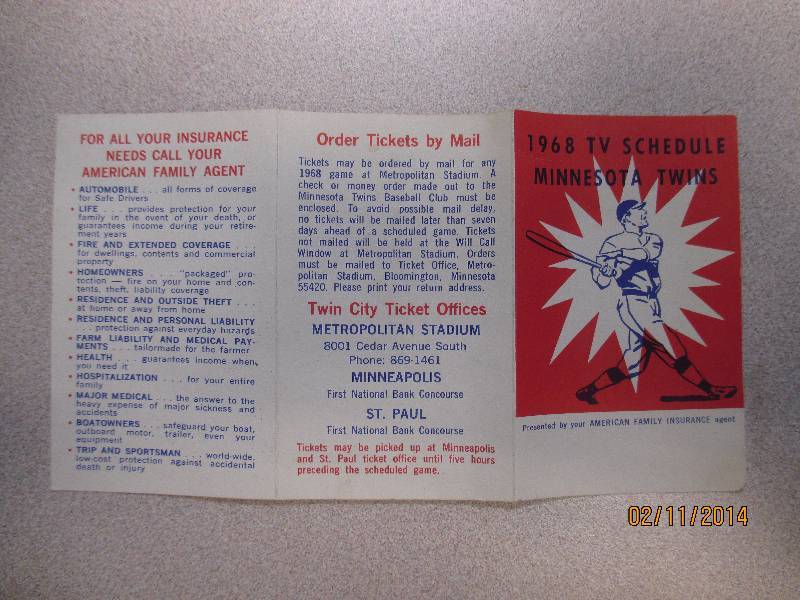 Vintage 1968 Minnesota Twins Pocket Schedule....