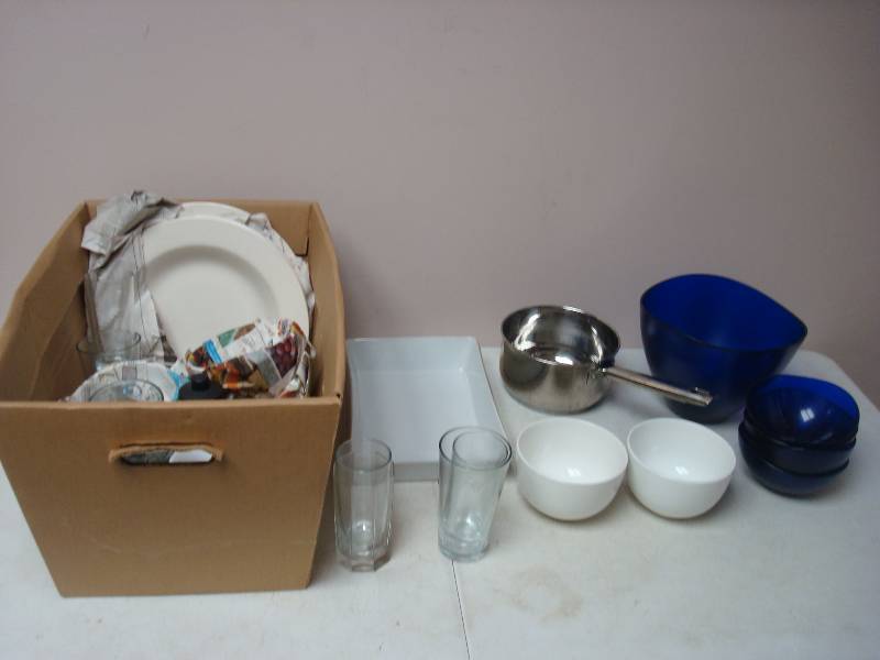 Box With Kitchen Items, Bowls And Plates...