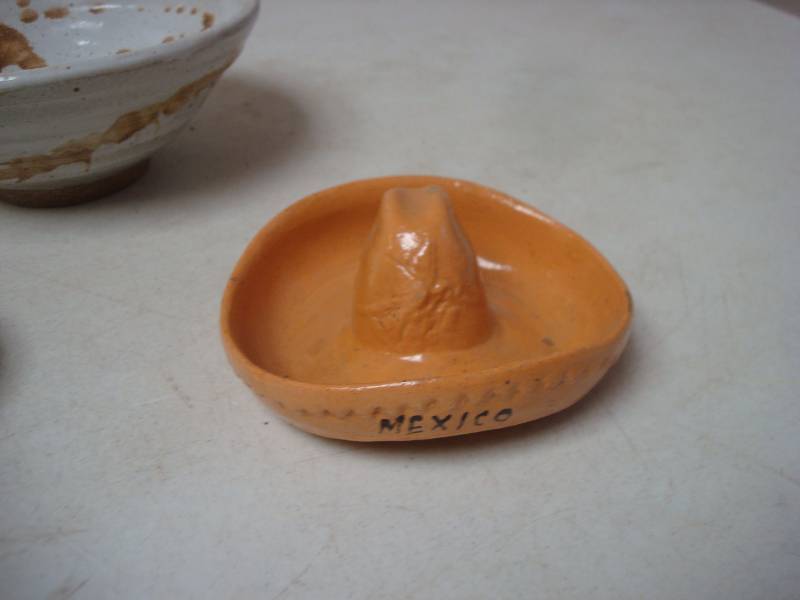 Two Sombreros Hat Ash Trays, And Pottery Bowl...