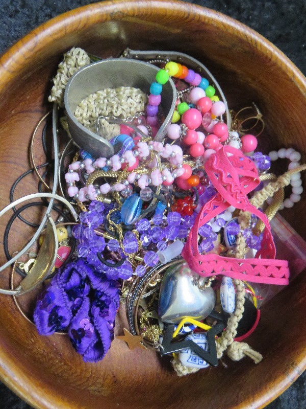 Jewelry Lot in Large Wooden Bowl