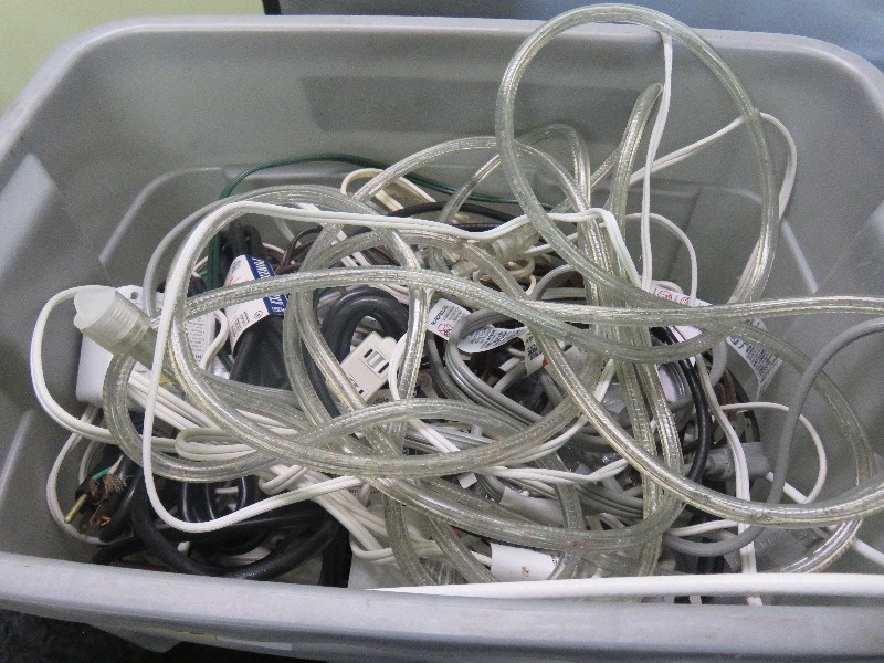 Large Tote of Power Cords, Timers, Power Strips