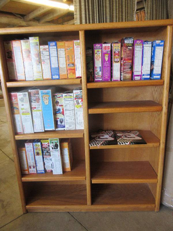 Bookcase with NASCAR Cereal Boxes