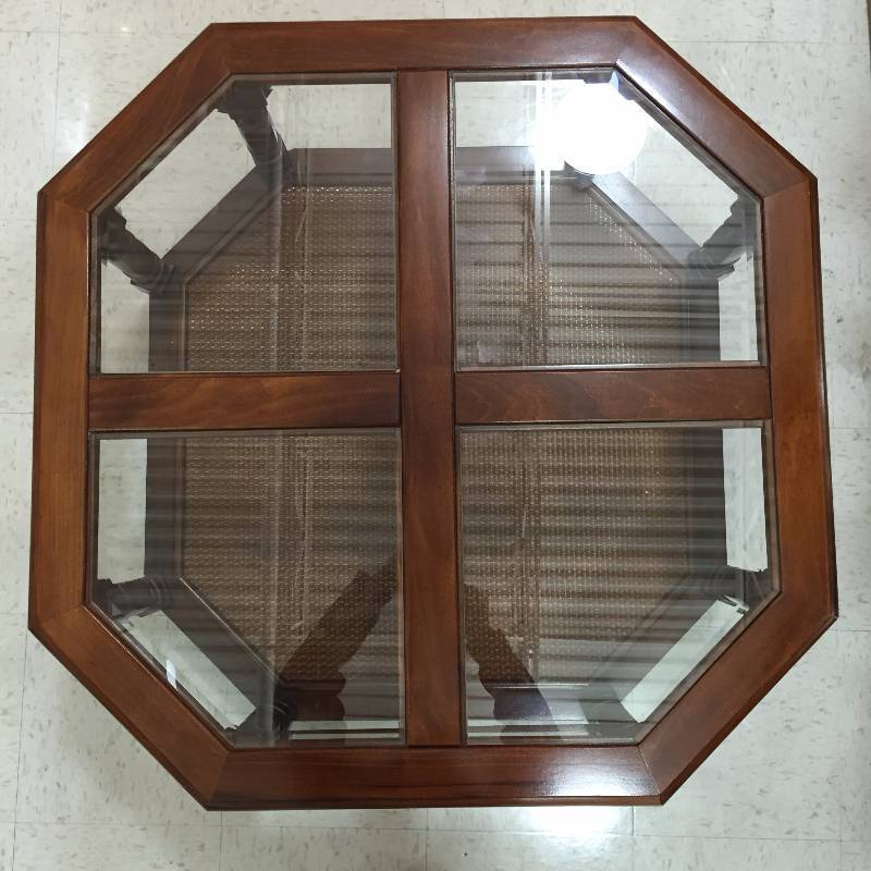 lot 125 image: Big Mid Century Modern WOW QUALITY CRAFTMANSHIP MERSMAN WALDRON COFFEE TABLE WITH 4 MINT BEVELED GLASS QUAD INSERTS & RARE PRESSED CANED LOWER BASE SHELF - EXCELLENT