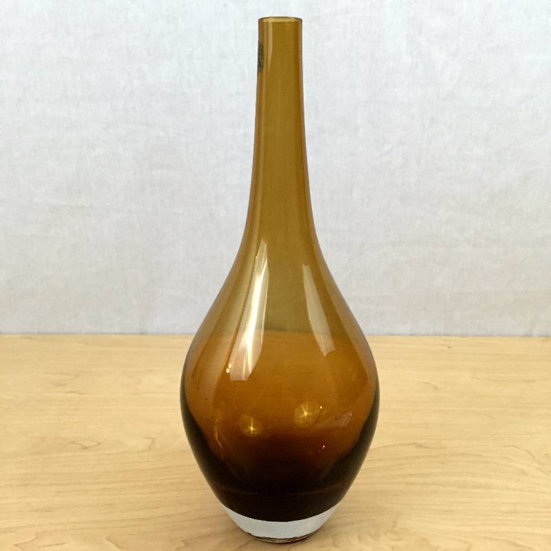 lot 97 image: Beautiful Murano Style Amber Cased Glass Vase Heavy Round Bottom Art Glass Mouth Blown with Label Handmade Quality