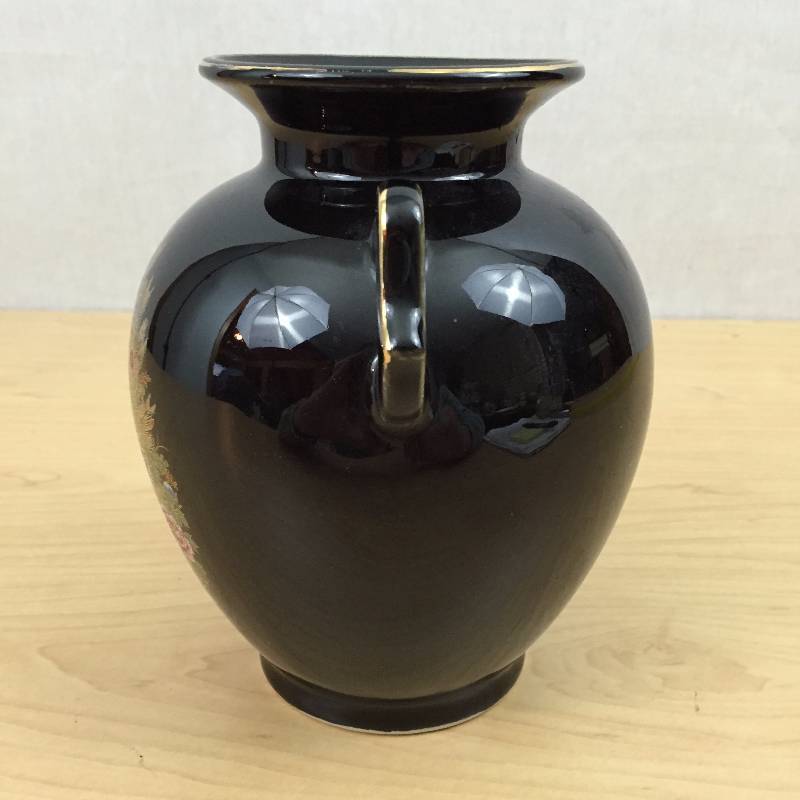 lot 105 image: Stunning Vintage Imperial Japan Black Vase URN with Handles Japanese Gold Leaf Giant Peacock Feathers and Flowers
