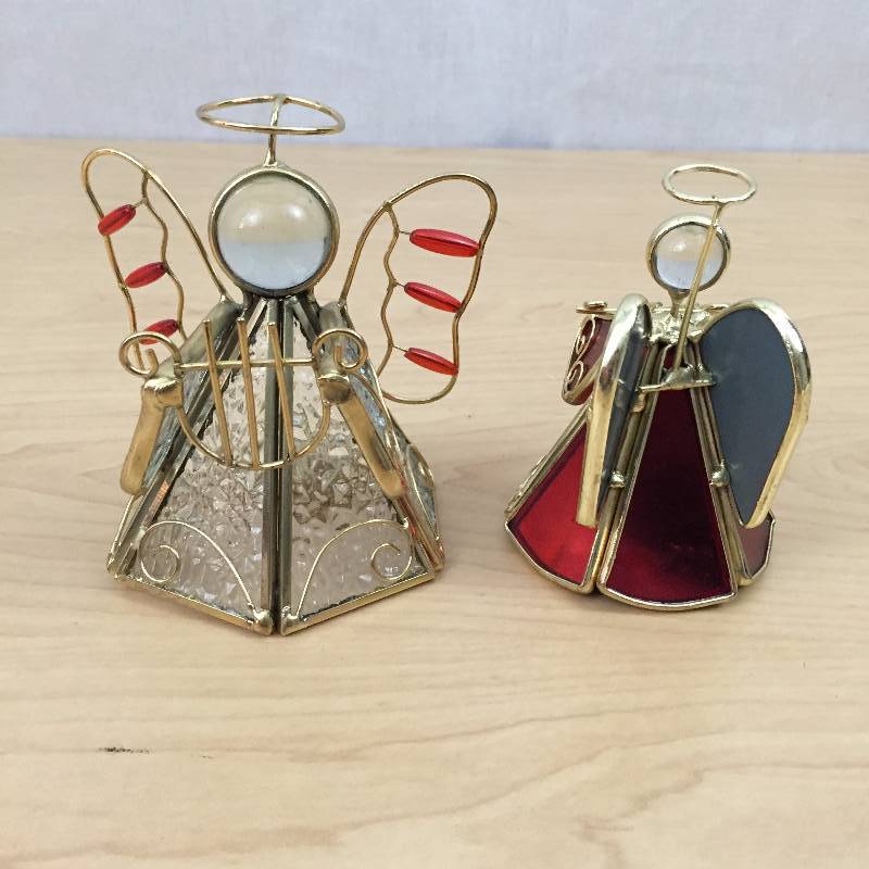 lot 106 image: 2 Sweet Heavenly Angels Heavy Stained Glass Tea Light Candle Holder Playing Harp Red Gold