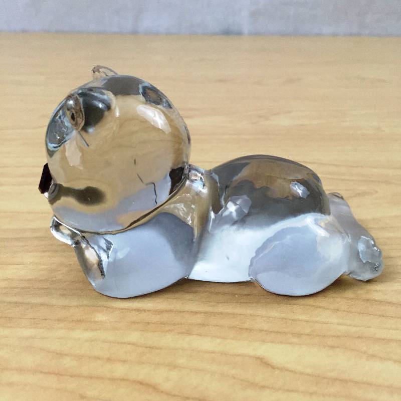 lot 116 image: Vintage Collectible Fenton Clear Crystal Art Glass Paperweight Valentine Teddy Bear Figurine Red Heart Eyes Laying Down Signed Fenton USA