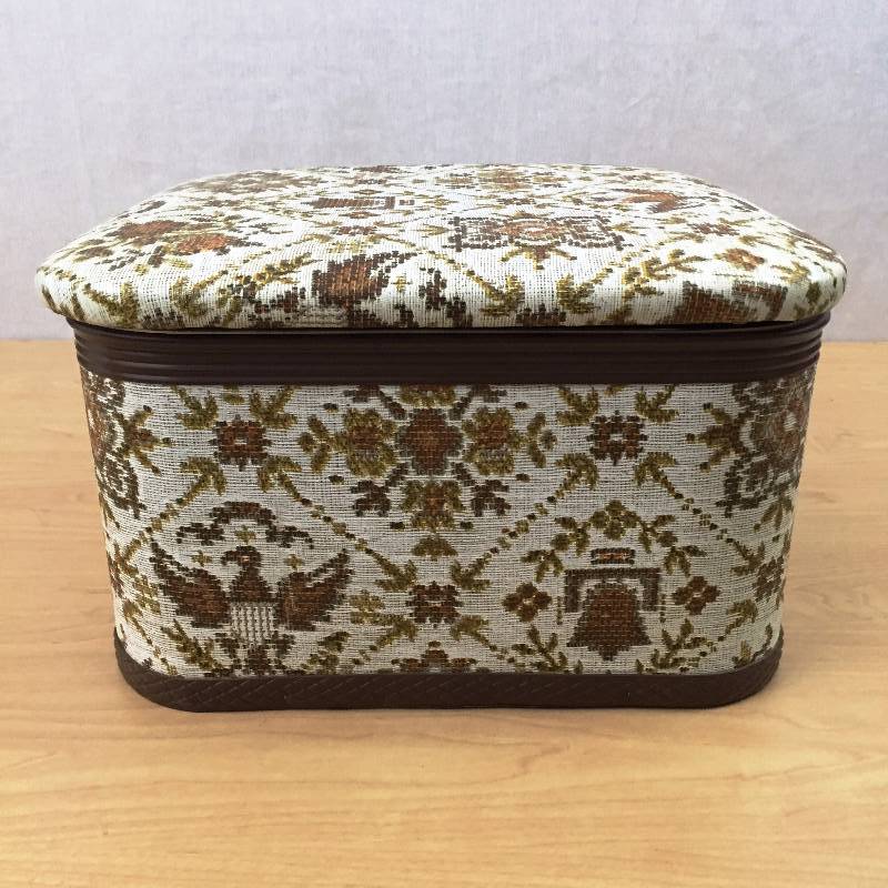 lot 126 image: ULTRA RARE & MINT CONDITION Mid Century Modern Vintage Redmon & Sons Sewing Knitting Box Organizer Basket Foot Stool Eagles Liberty Bell