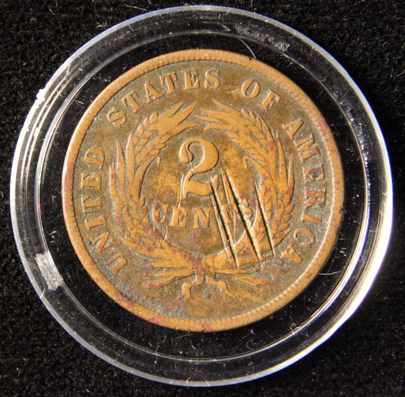 1865 US 2 CENT PIECE VG DETAILS IN AIRTITE HOLDER