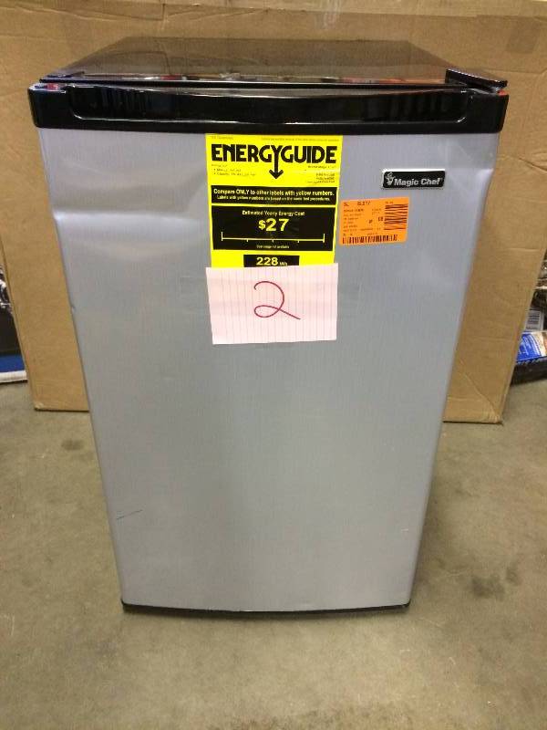 lot 2 image: Magic Chef 4.4 cu. ft. Mini Refrigerator in Stainless Look New few dents Model HMBR440SE