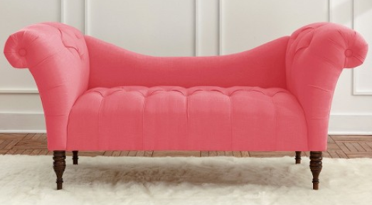 lot 28 image: Custom Tufted Rolled Arm Chaise - Linen Coral